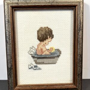 Vintage Hand Stitched Framed Cross Stitch Baby in Tub Art 5x6
